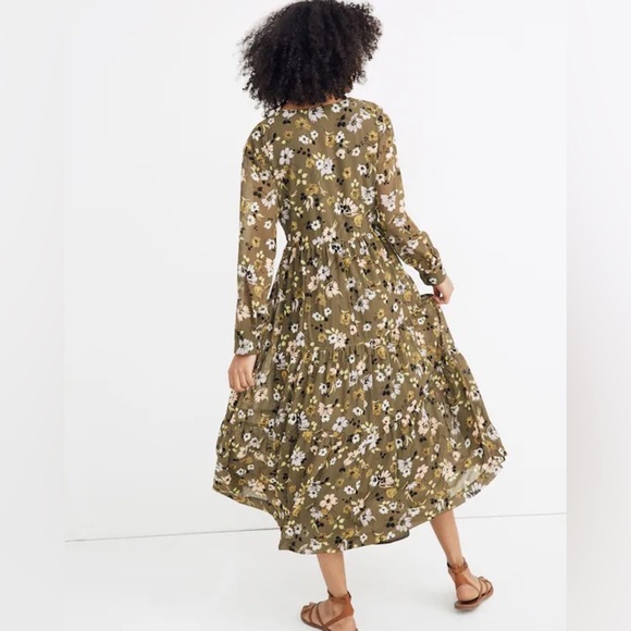 Madewell Flowy Green Floral Cinch-Waist Tiered Midi Dress in Wildblooms Size XS - Picture 2 of 16